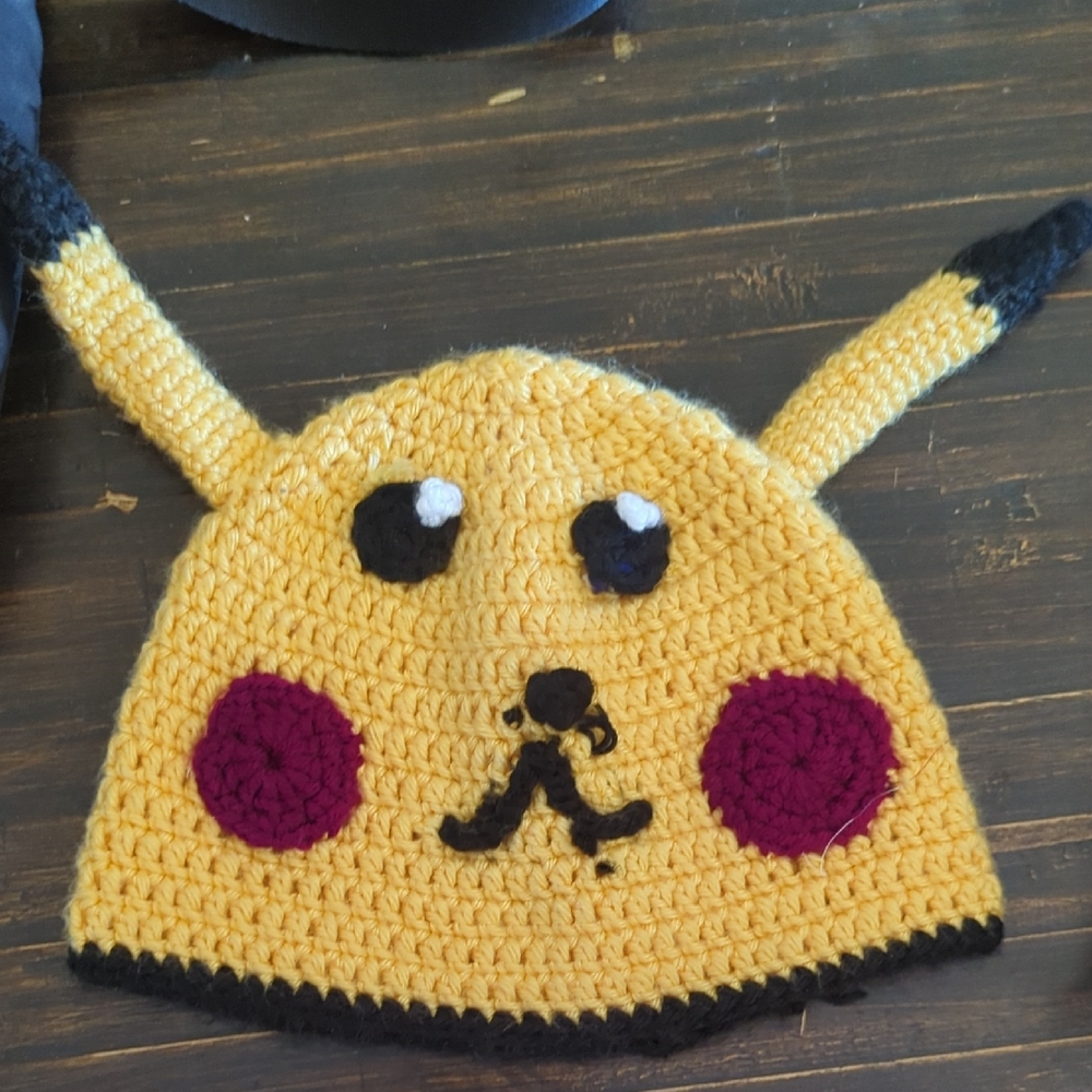 Yellow Pikachu Kids Hat Hand Knitted.